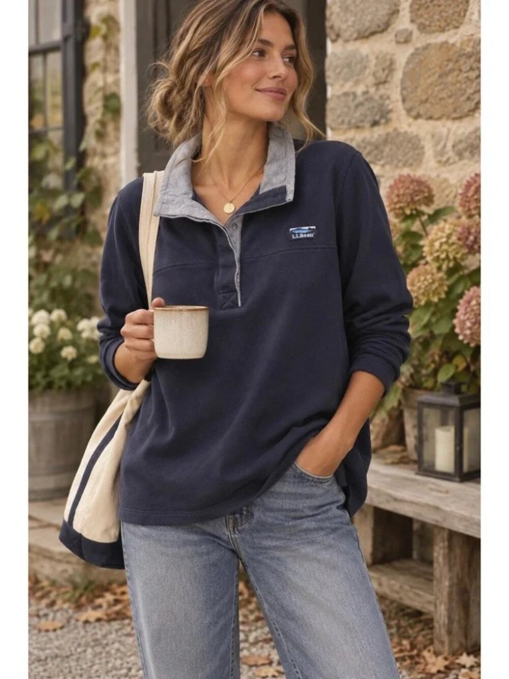 LL Bean Navy Blue 100% Cotton Quarter Button Cottagecore Sweatshirt Size XL